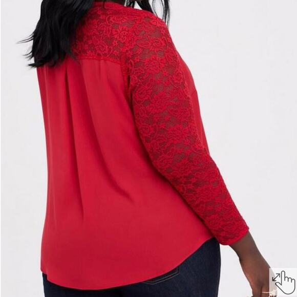 TORRID PLUS 4X 26 Georgette V Neck Lace Sleeve Blouse Top Jester Red NWT Flawed - Picture 8 of 15